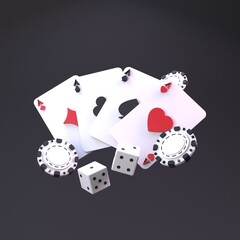 Poker chips and playing cards. Casino element. Render in 3D.