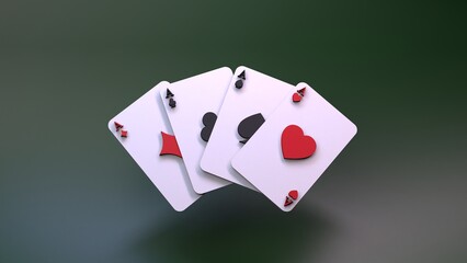 Playing cards, aces. Casino element. Render in 3d.