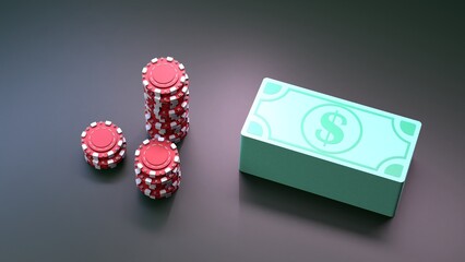 Stack of poker chips and money. Casino element. Render in 3D.