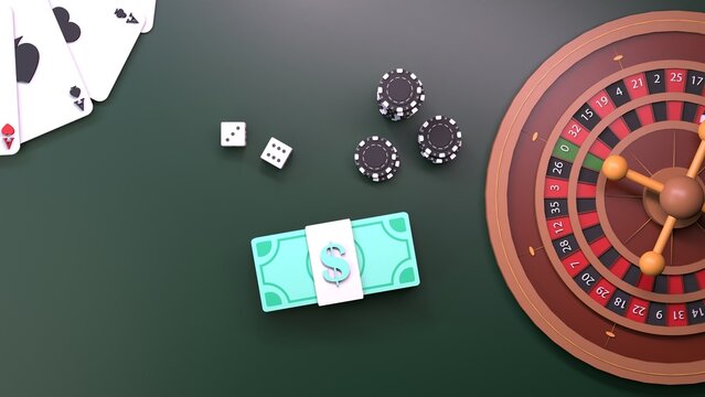 Roulette, chips and playing cards. Casino element. Render in 3D.