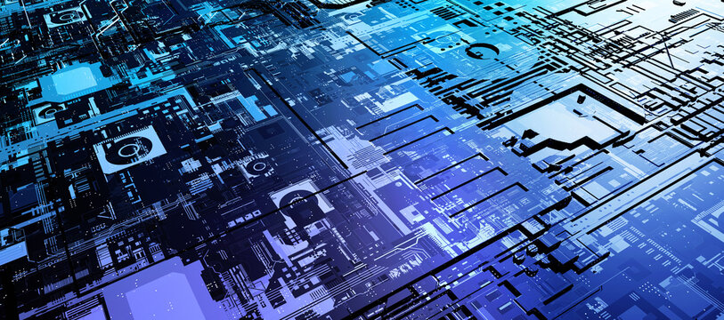 Futuristic electronics processor or IC circuit pattern surface.  Abstract sci-fi hi-tech equipment or facility background. Blue surface. 3D Illustration,3D rendering.