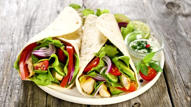 healthy tortilla wrap with grilled chicken and vegetables