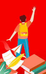 The boy is walking with a school bag, with dates and books in the background, vector illustration