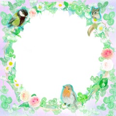 四葉のクローバーとシロツメクサのフラワーリースと小鳥たちの水彩画風カードフレームイラスト