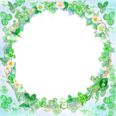 四葉のクローバーとシロツメクサのフラワーリースの水彩画風カードフレームイラスト