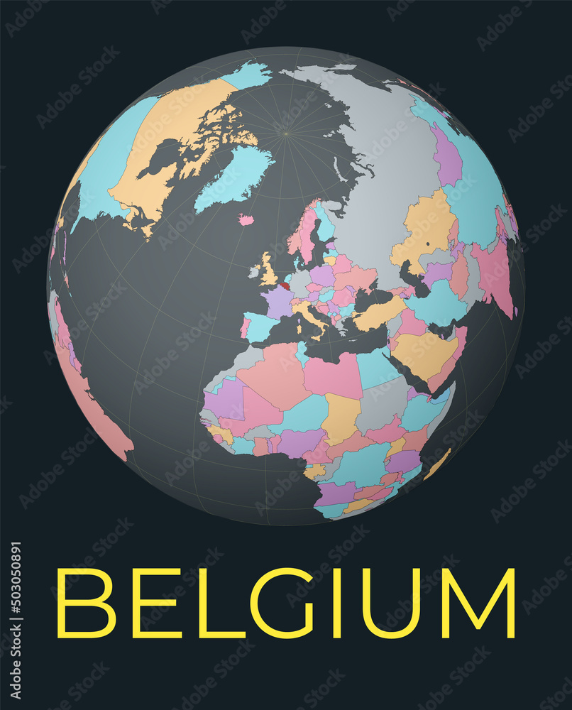 Poster world map centered to belgium. red country highlighted. satellite world view centered to country wit