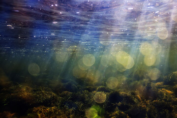Obraz premium sun rays under water landscape, seascape fresh water river diving