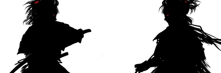 敵軍と戦い殺気走る戦国時代の若侍たちの筆跡残る白黒シルエットイラスト	
