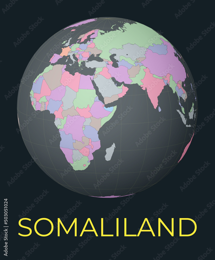 Poster world map centered to somaliland. red country highlighted. satellite world view centered to country 