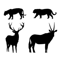 Set of wildlife animal tigers, deer, moose silhouette illustration