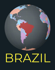 World map centered to Brazil. Red country highlighted. Satellite world view centered to country with name. Vector Illustration.