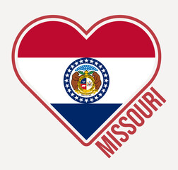 Missouri heart flag badge. Made with Love from Missouri logo. Flag of the US state in a heart shape. Vector illustration.