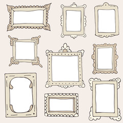 Set of hand drawn doodle frames, squares, vector borders design elements with white backgrounds.