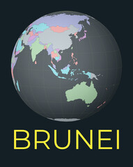 World map centered to Brunei. Red country highlighted. Satellite world view centered to country with name. Vector Illustration.