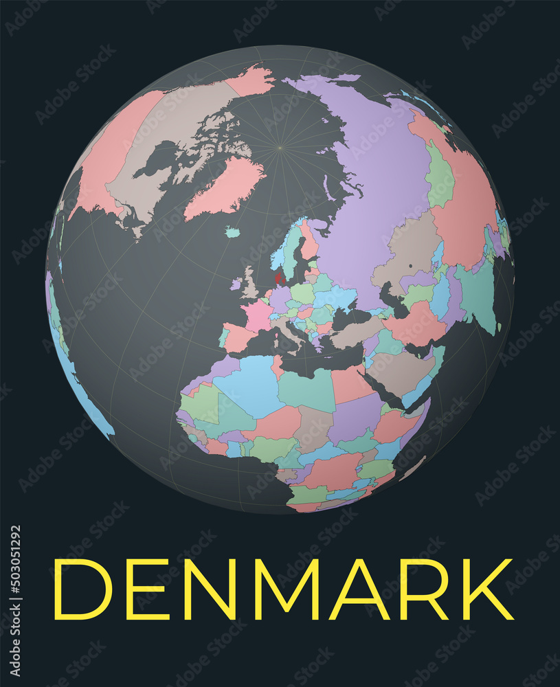 Poster world map centered to denmark. red country highlighted. satellite world view centered to country wit
