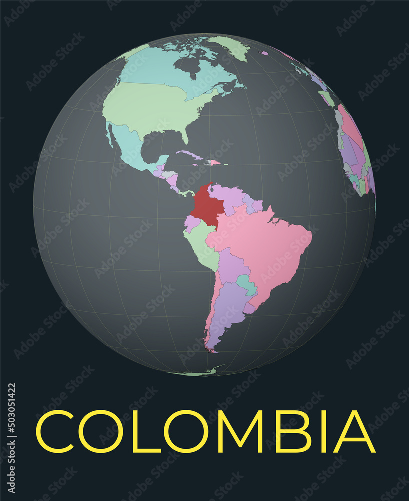 Poster world map centered to colombia. red country highlighted. satellite world view centered to country wi