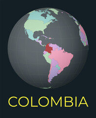World map centered to Colombia. Red country highlighted. Satellite world view centered to country with name. Vector Illustration.