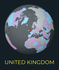 World map centered to United Kingdom. Red country highlighted. Satellite world view centered to country with name. Vector Illustration.