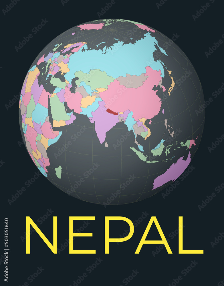 Poster world map centered to nepal. red country highlighted. satellite world view centered to country with 