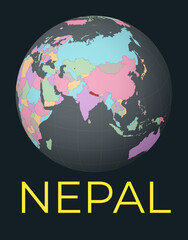 World map centered to Nepal. Red country highlighted. Satellite world view centered to country with name. Vector Illustration.