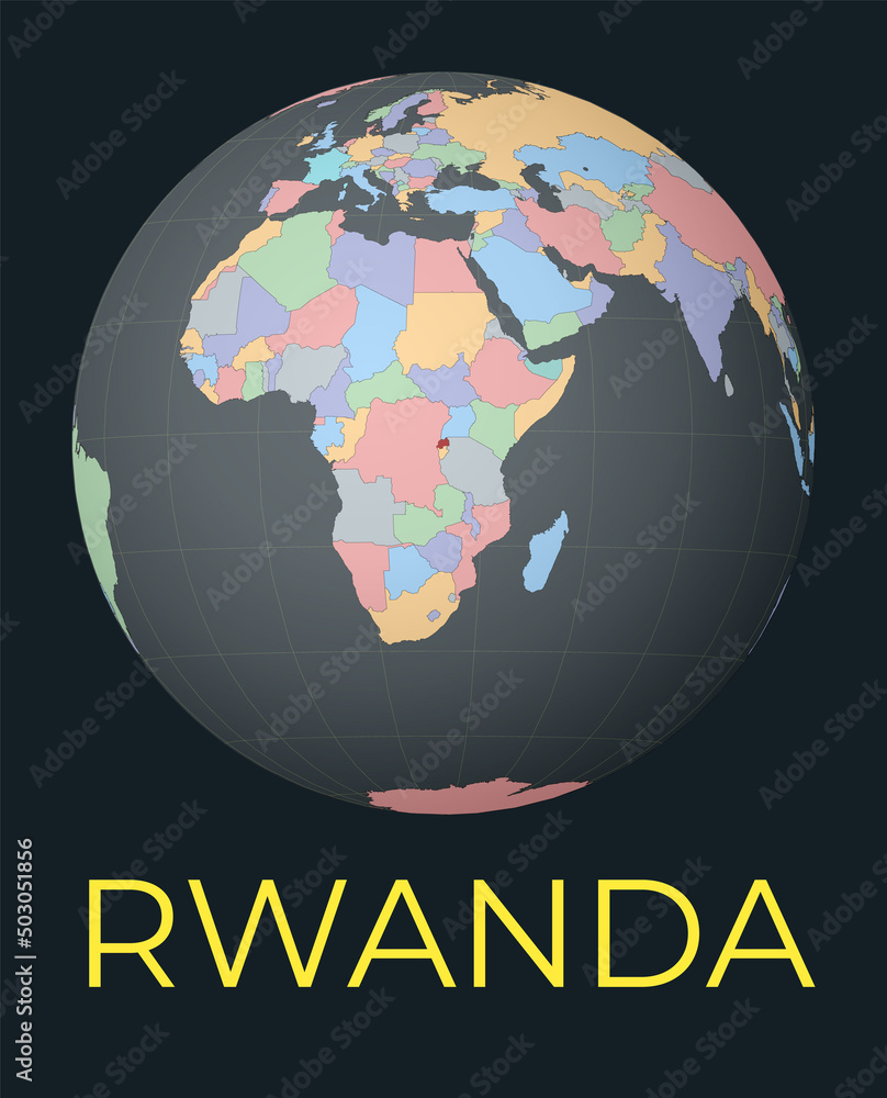 Poster world map centered to rwanda. red country highlighted. satellite world view centered to country with