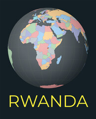 World map centered to Rwanda. Red country highlighted. Satellite world view centered to country with name. Vector Illustration.