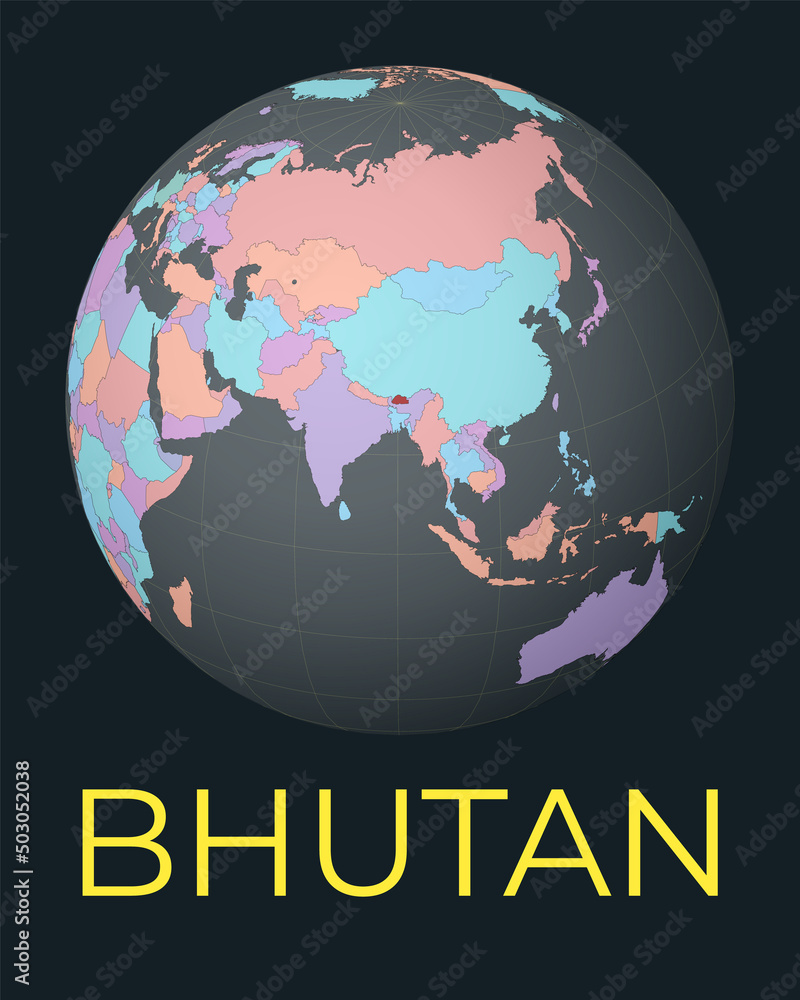 Poster world map centered to bhutan. red country highlighted. satellite world view centered to country with