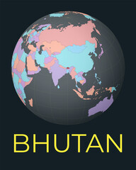 World map centered to Bhutan. Red country highlighted. Satellite world view centered to country with name. Vector Illustration.