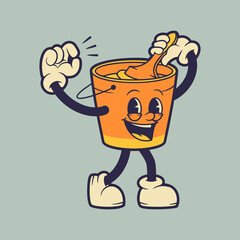 Vector illustration paint bucket mascot holding on to paint brush while laughing. Retro vintage mascot illustration.