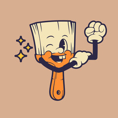 Vector illustration paint brush mascot holding in to its arm while smiling. Retro vintage mascot illustration.
