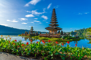 Pura Ulun Danu, Hindu temple surrounded by flowers on Bratan lake, Bali.