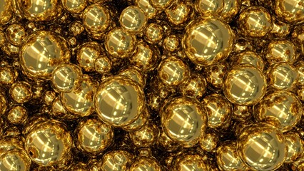 Abstraction with golden shiny balls. Yellow background of gold glossy balls with highlights. Lots of golden balls. 3D image. 3D rendering. 3D illustration.
