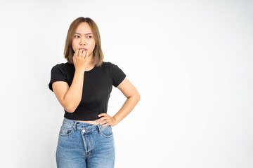 Obraz premium scared young woman with hand on her face. worried girl on isolated background
