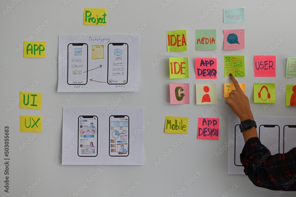 Poster pointing a female finger on a paper note about new creative technology design and mobile user softwa