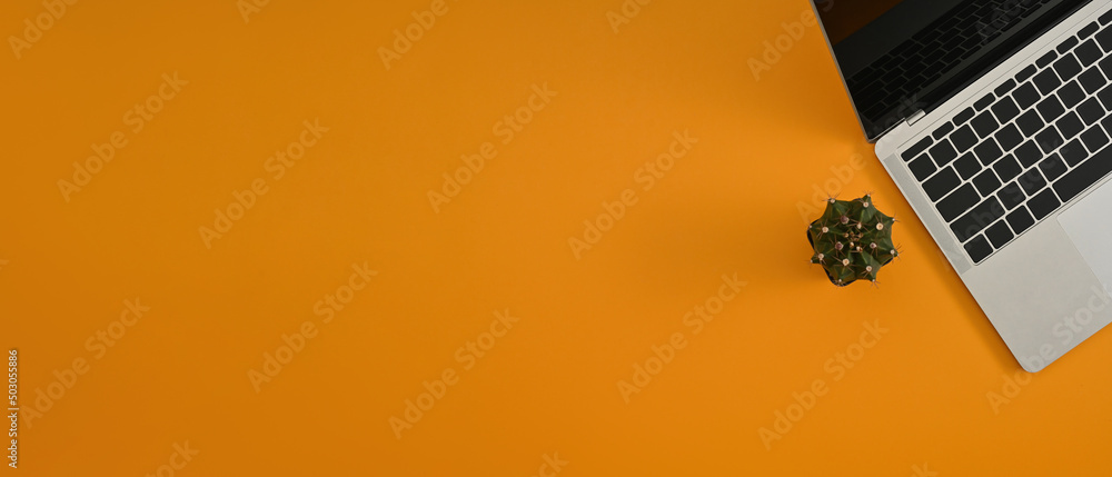 Poster the top position view of a laptop computer next to a cactus with orange as the background ready for 