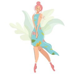 Cute fairytale girl or ballerina. Lovely modern character in a beautiful blue dress. Vector isolated illustration in cartoon flat style.