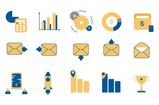 Office icon set in dark blue and orange color theme