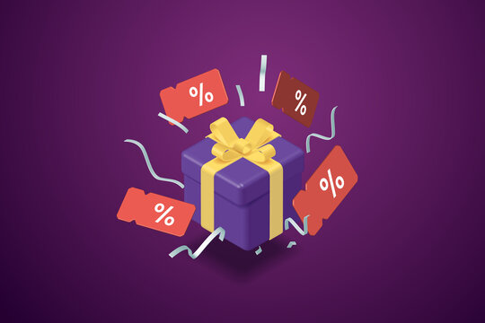 Discount coupons floating around gift boxes on a purple background