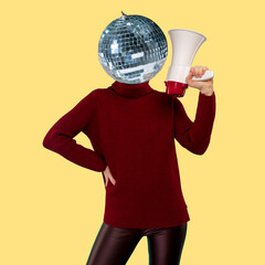Abstract modern collage. woman with a mirrored disco ball instead of a head holding a megaphone on...