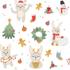 A seamless pattern with cute rabbits. New Year and Christmas pattern. Vector illustration