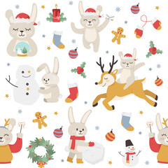 A seamless pattern with cute rabbits. New Year and Christmas pattern. Vector illustration