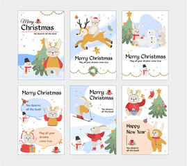 Fototapeta na wymiar Postcards on New Year and Christmas. A rabbit stands near a Christmas tree, riding a deer. The bunny open gifts and decorates the Christmas tree. Vector illustration