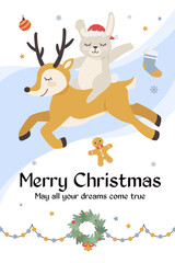 Postcards on New Year and Christmas. A rabbit rides a deer. Vector illustration