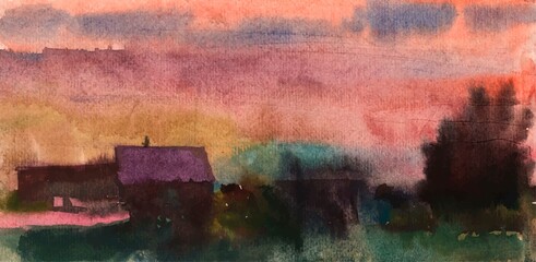 Watercolor rural landscape with houses and trees on the background of sunset