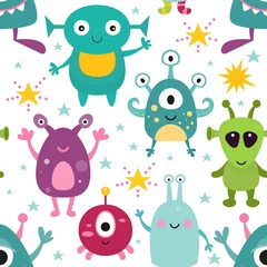 Fotobehang Space Seamless Pattern with space characters – Funny Monsters on white background. Vector Illustration. Great for baby clothes, nursery decor, wrapping paper. © Nursery Art