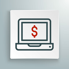 Line Laptop with dollar icon isolated on white background. Sending money around the world, money transfer, online banking, financial transaction. Colorful outline concept. Vector
