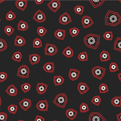 Line Shield icon isolated seamless pattern on black background. Guard sign. Security, safety, protection, privacy concept. Vector