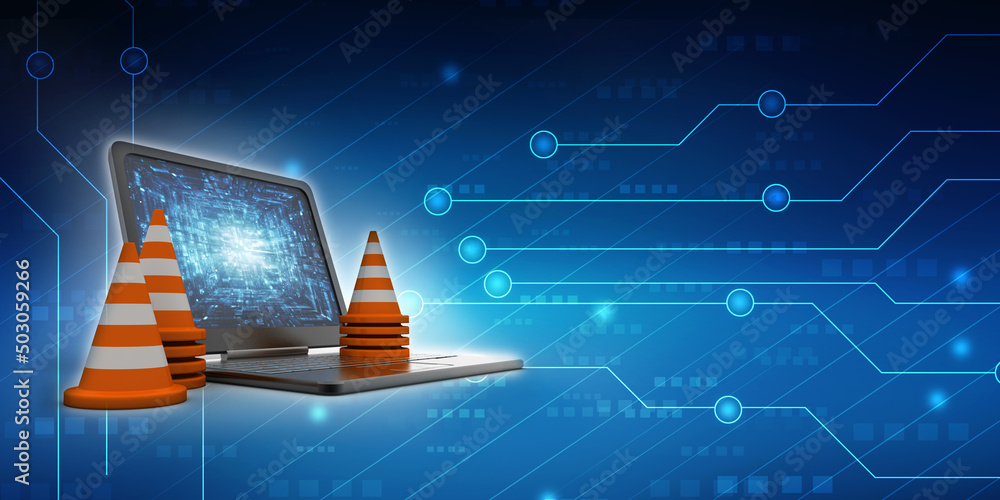 Poster 3d rendering traffic cone network with laptop