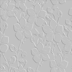 3d embossed white floral seamless pattern. Textured beautiful flowers relief background. Repeat emboss backdrop. Surface leaves, branches. 3d endless light flowers ornament with embossing effect. Art