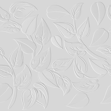 3d embossed floral white seamless pattern. Ornamental beautiful leafy relief background. Repeat textured white backdrop. Surface leaves, branches. 3d endless light ornament with embossing effect. Art